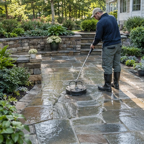 A worker uses a circular surface cleaner on a wet stone patio beside a garden.