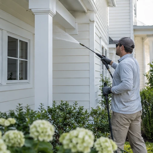 A worker sprays water onto white porch siding with a pressure washer.