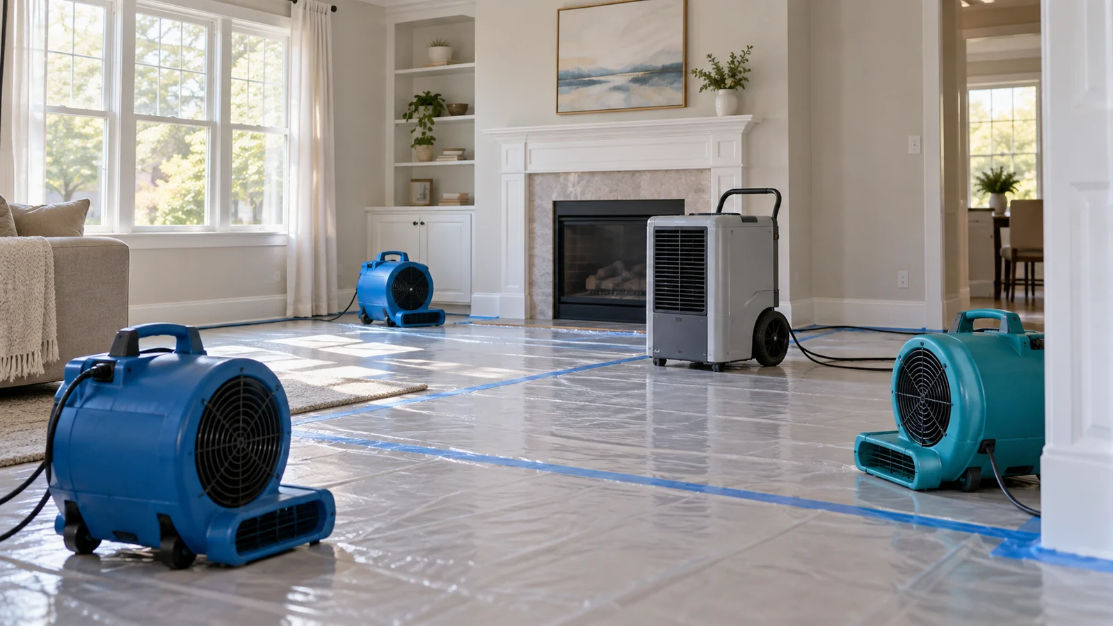 Orderly room with restoration air movers and drying equipment in soft daylight
