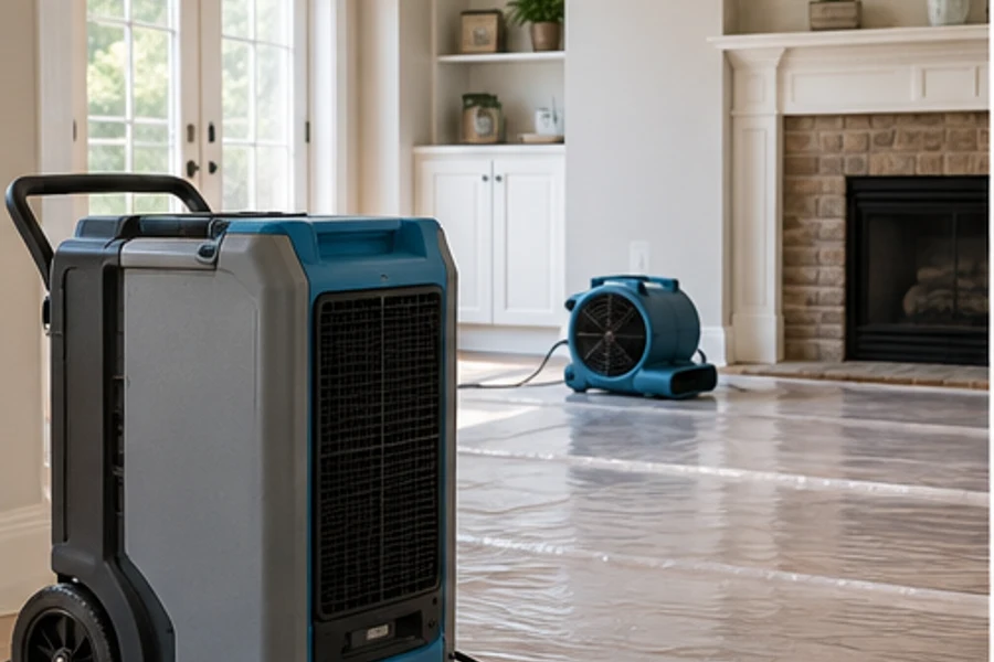 A portable dehumidifier and air mover stand on a plastic-covered living room floor.