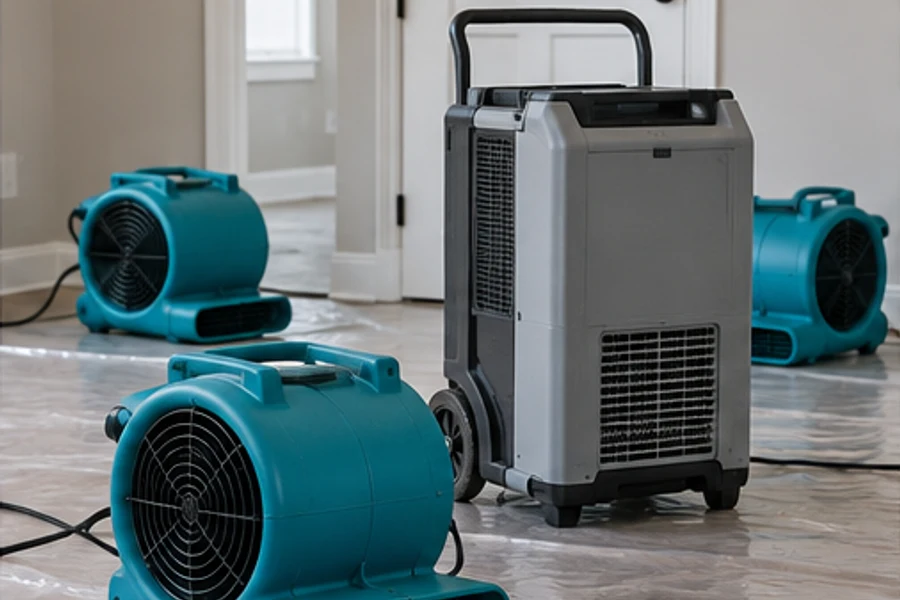 Three blue air movers and a wheeled dehumidifier stand on a floor covered with plastic sheeting.