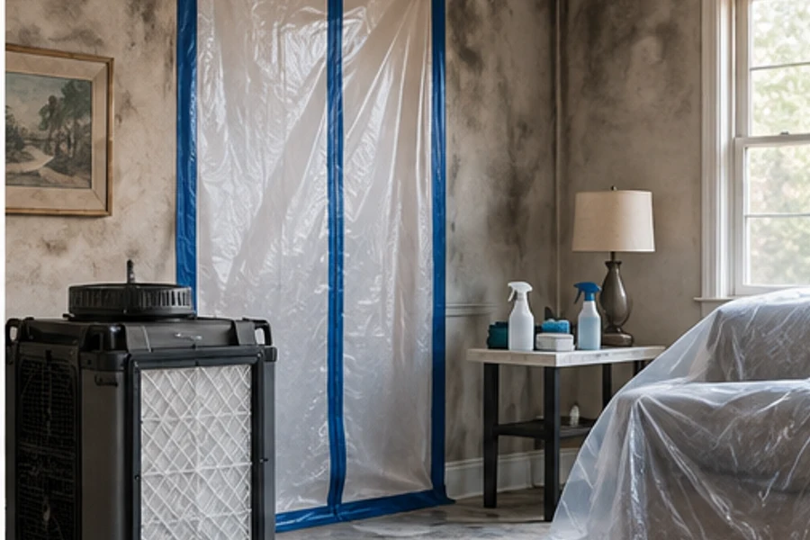 An air filtration unit stands beside a plastic-sealed doorway in a room with dark patches on the walls.