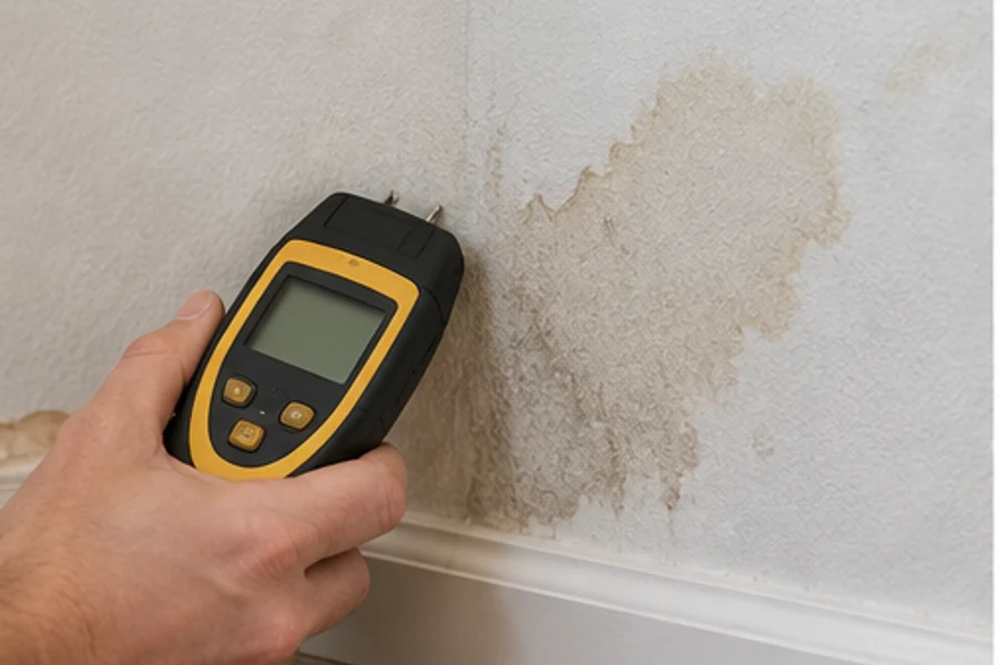 A hand holds a moisture meter against a stained interior wall above the baseboard.