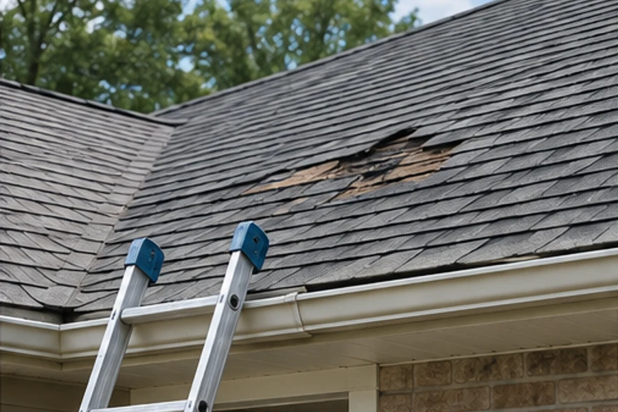 A ladder leans against a gutter below a shingle roof with a damaged patch exposing wood.