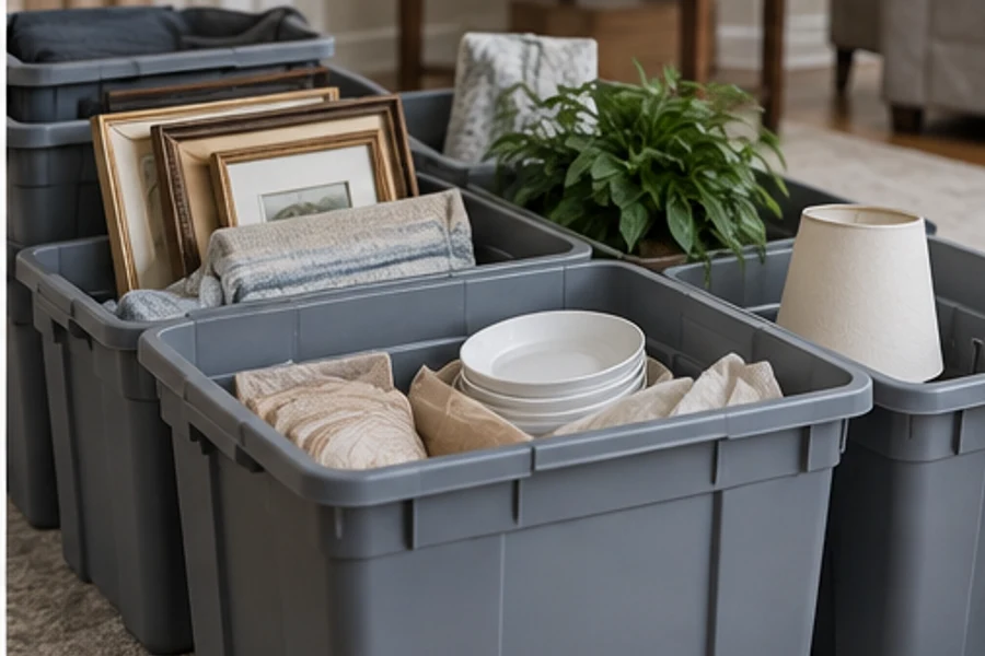 Gray plastic bins hold dishes, folded fabric, framed pictures, a plant, and a lampshade indoors.