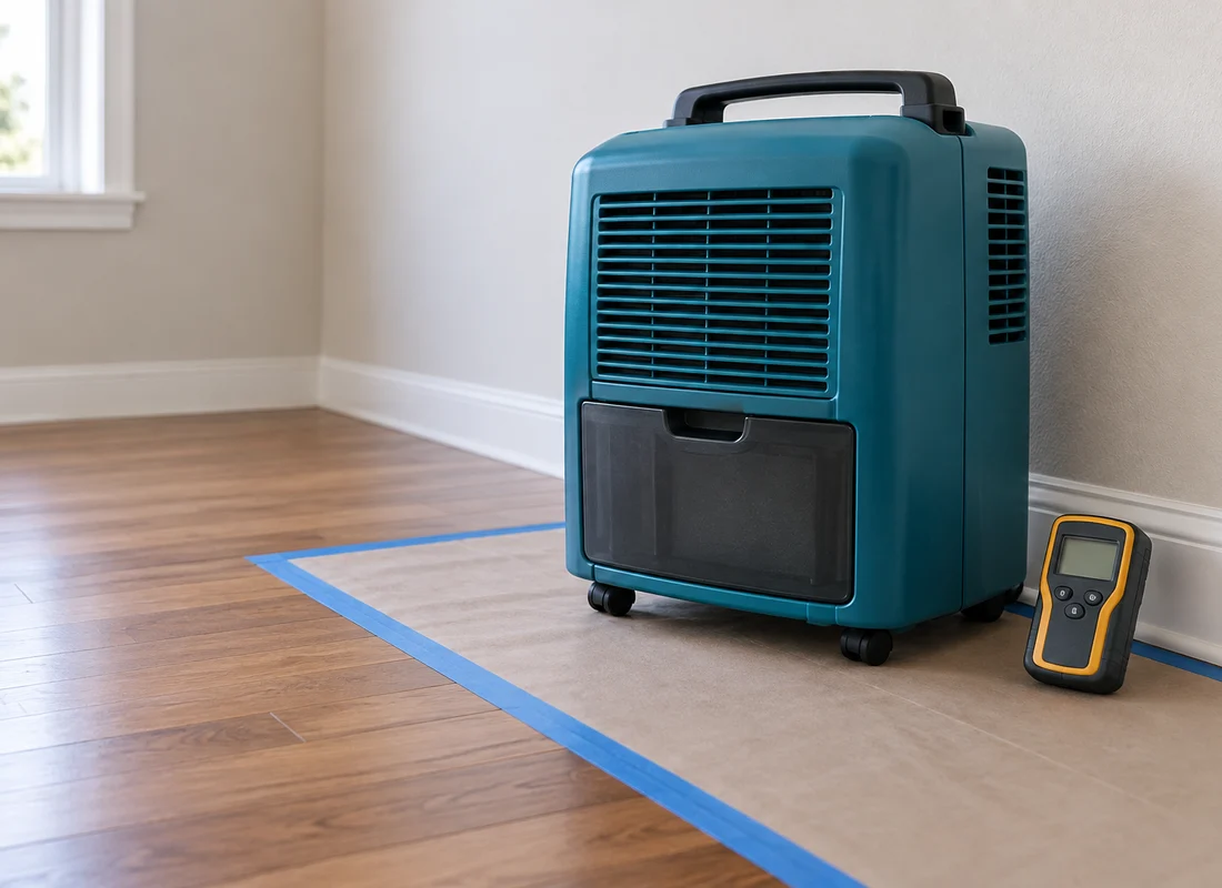 A portable dehumidifier and handheld meter sit on protective paper over a wood floor.