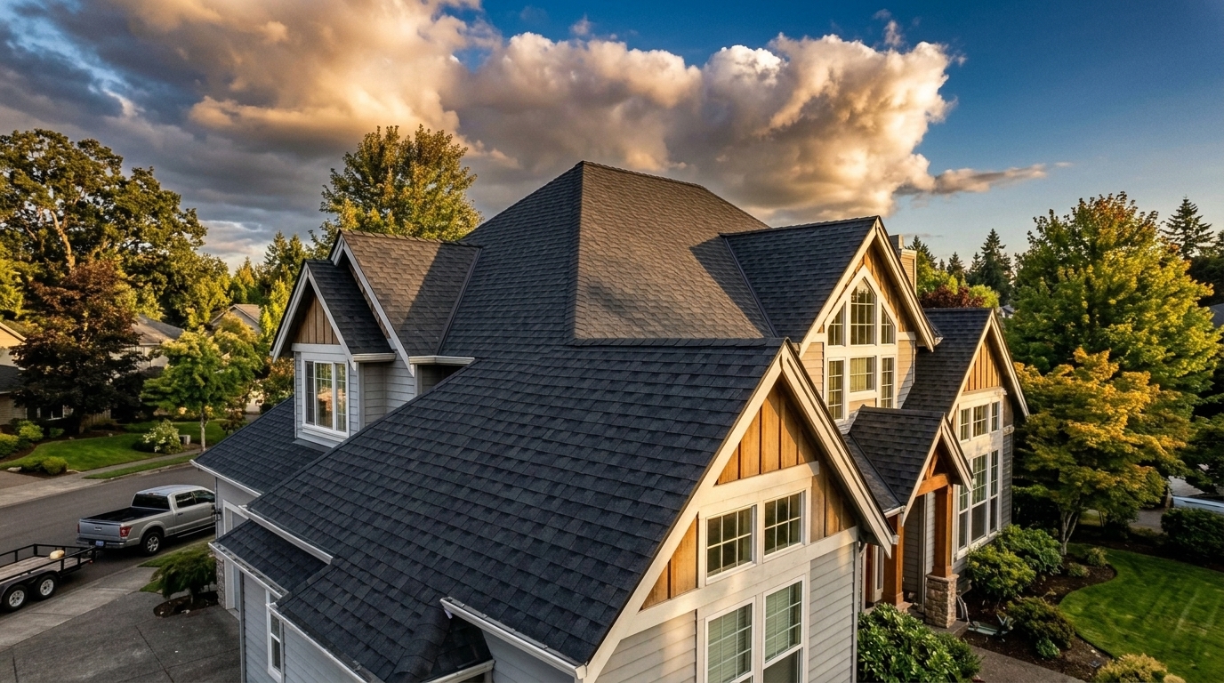 Finished shingle roof with clean ridge line after replacement