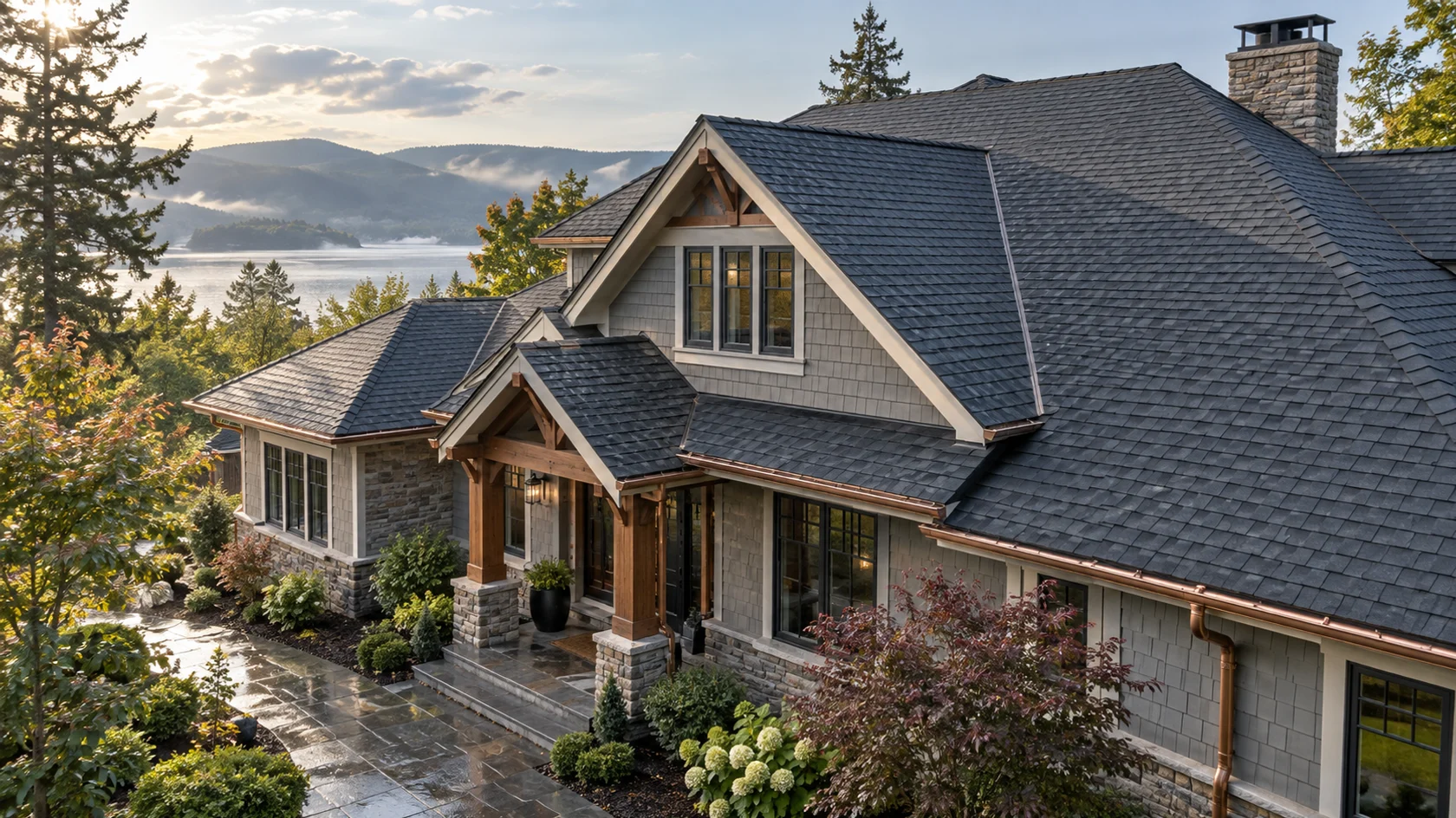 Carefully detailed slate-gray shingle roof on a craftsman home in soft morning light
