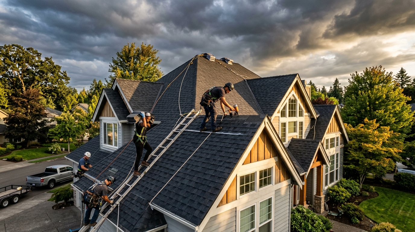 Roofing crew installing architectural shingles under a dramatic storm sky