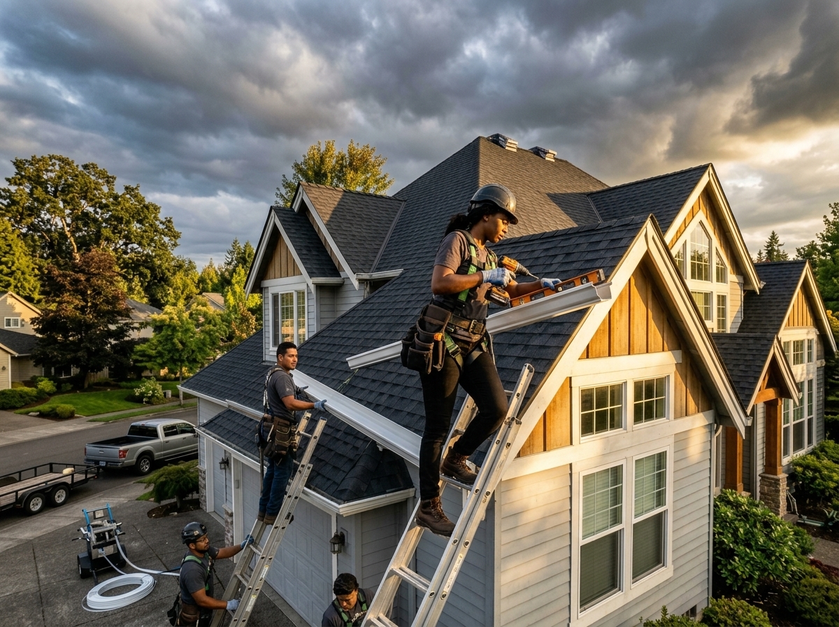 Gutter and downspout installation along a roof edge