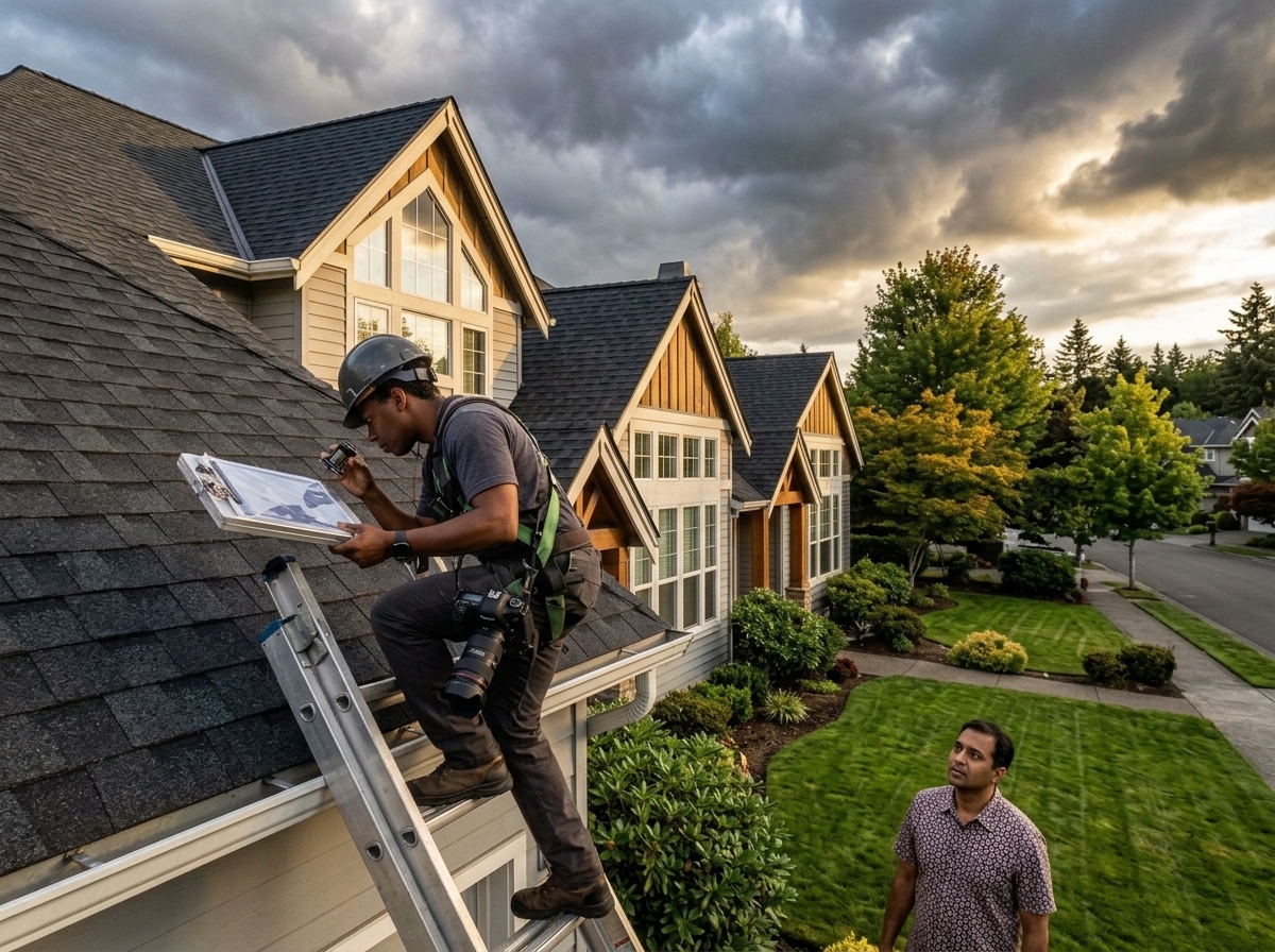 Roof inspector photographing shingles and flashing from a ladder