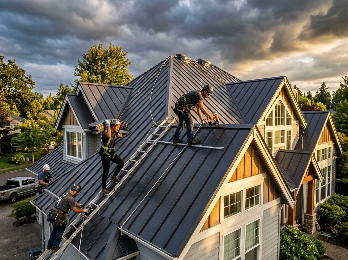 Standing seam metal roof panels on a modern home