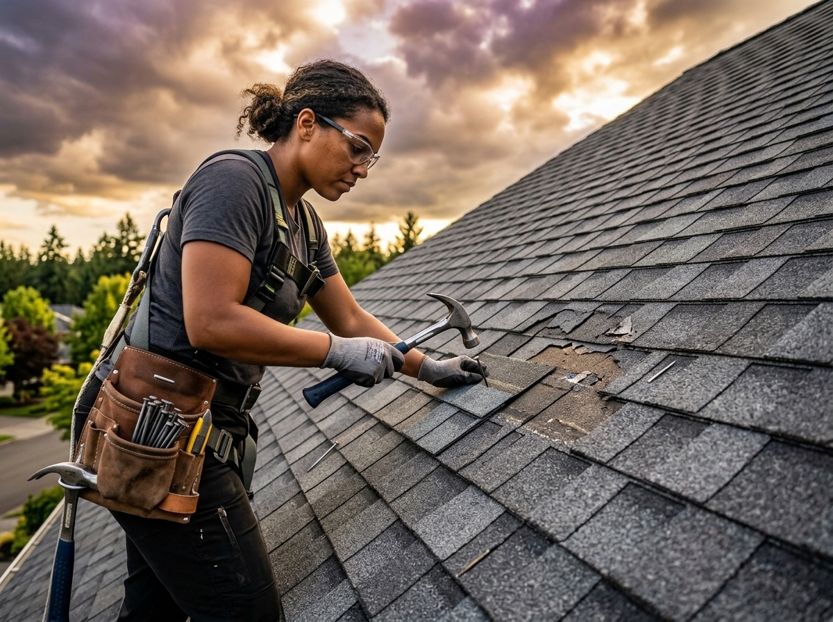 Roofer repairing damaged shingles around a roof valley