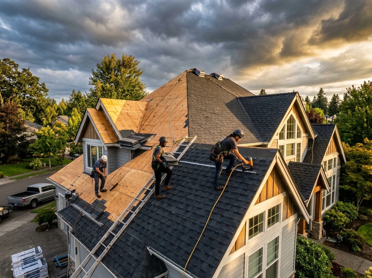 Crew replacing shingles on a steep residential roof