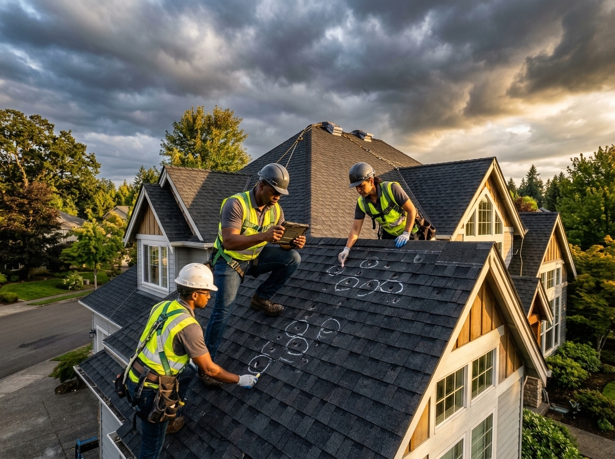 Close inspection of hail marks on roofing shingles after a storm