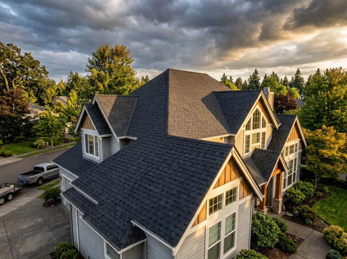 Finished architectural shingle roof on a two-story home