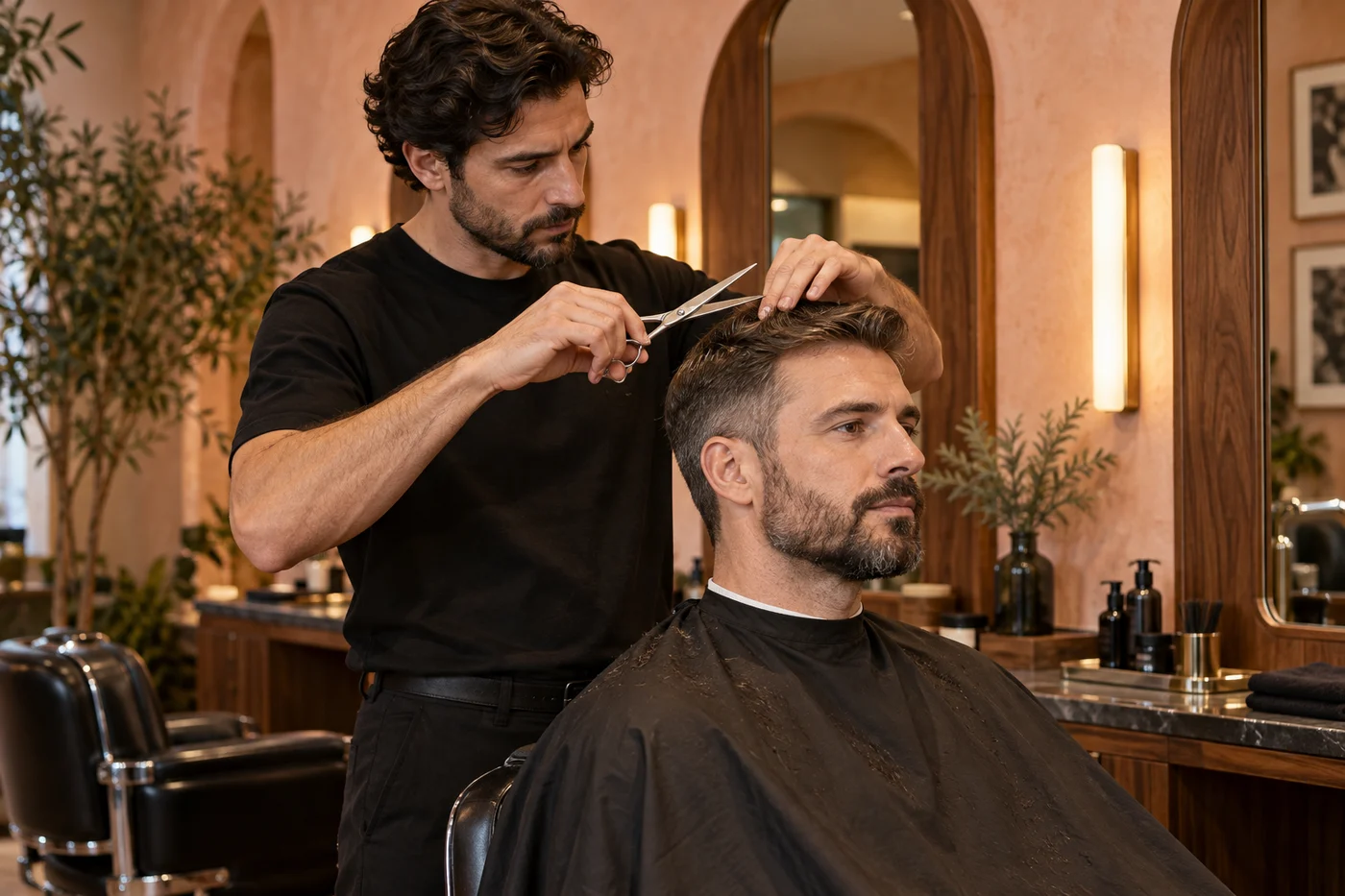A barber uses scissors to cut a seated customer's hair in a salon.