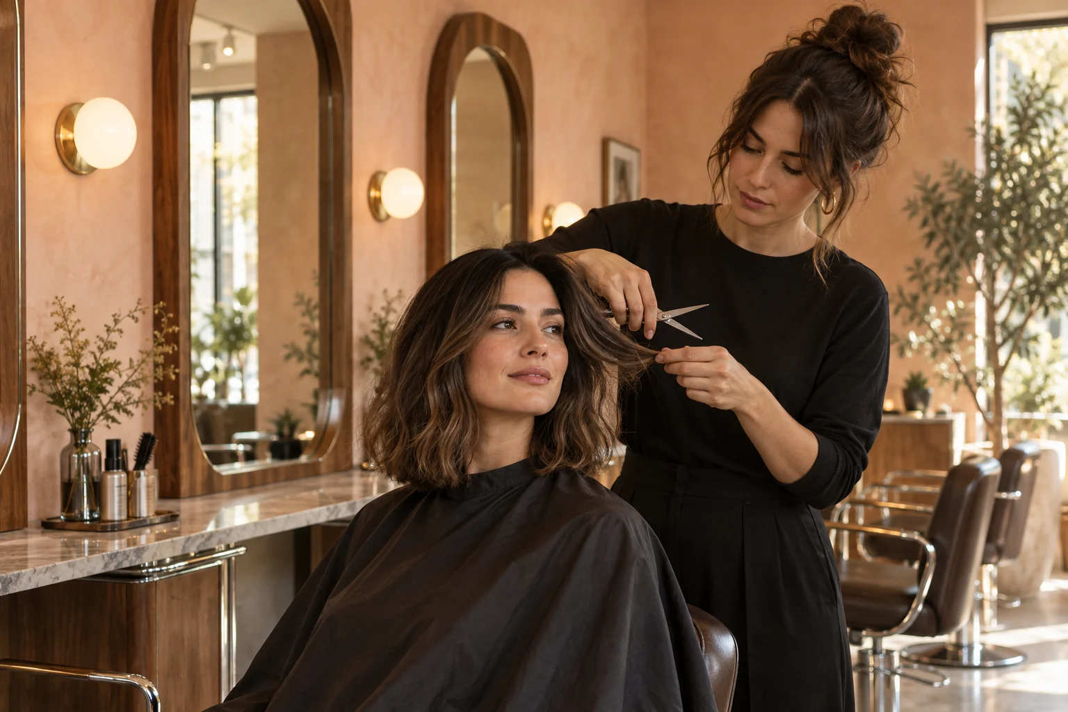 A hairstylist trims a seated customer's hair in a salon with arched mirrors.