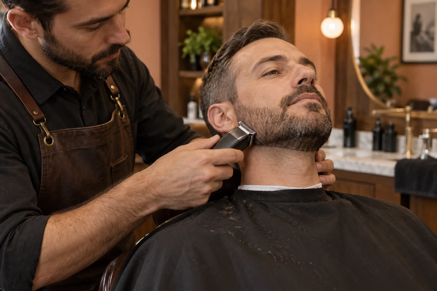 A barber trims a seated customer's beard with electric clippers in a barbershop.