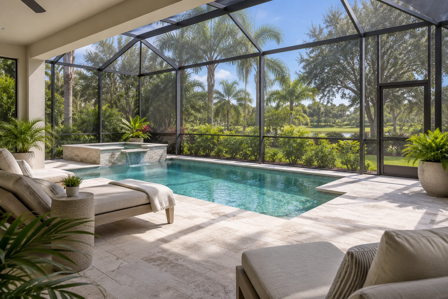 A swimming pool and raised spa sit inside a screened enclosure beside lounge chairs.