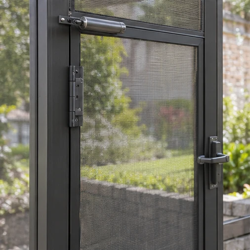 A dark mesh screen door has a metal handle, hinges and an overhead door closer.