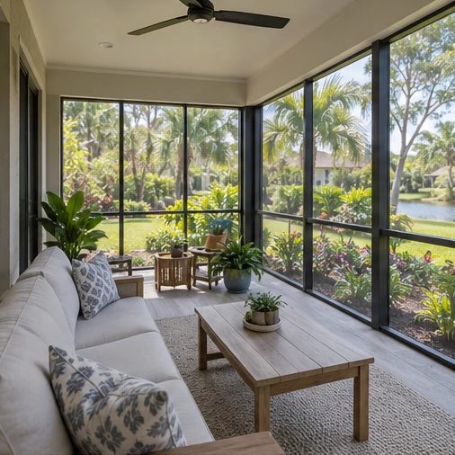 A screened porch contains a sofa, wooden coffee table and ceiling fan overlooking a garden and water.