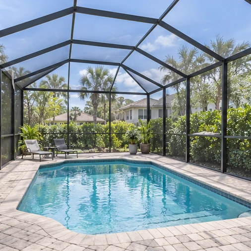 A swimming pool and paved deck sit inside a tall screened enclosure surrounded by palms.