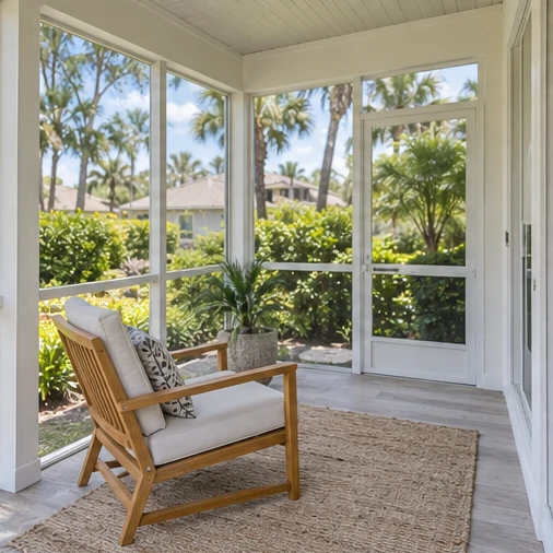 A screened porch contains a wooden armchair, woven rug and potted plant.