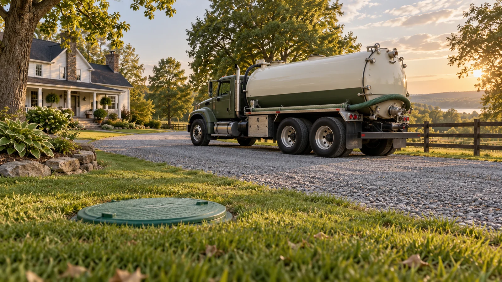 Septic service vehicle and tank access at a rural property with lawn and mature trees