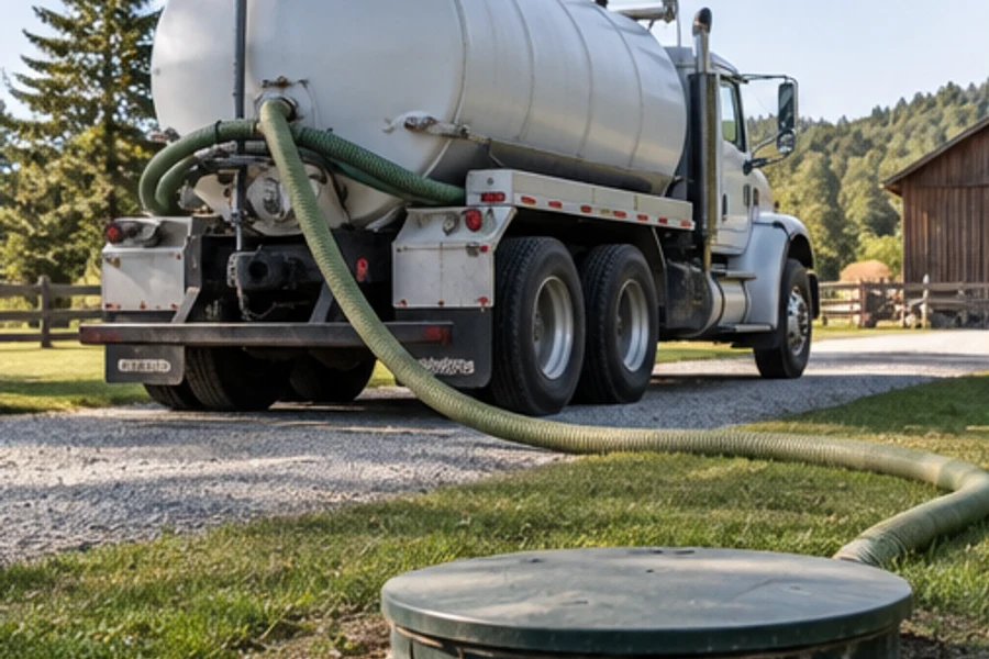 A tanker truck sits on a gravel driveway with a large hose extending toward a round ground cover.
