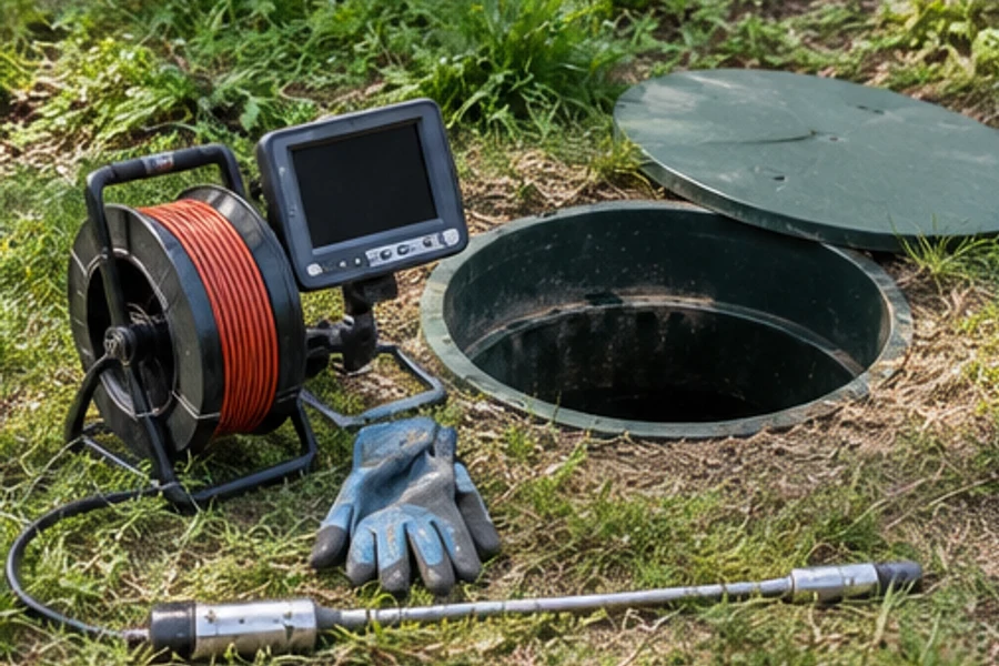 An inspection camera reel, monitor, gloves and probe lie beside an open access chamber in grass.