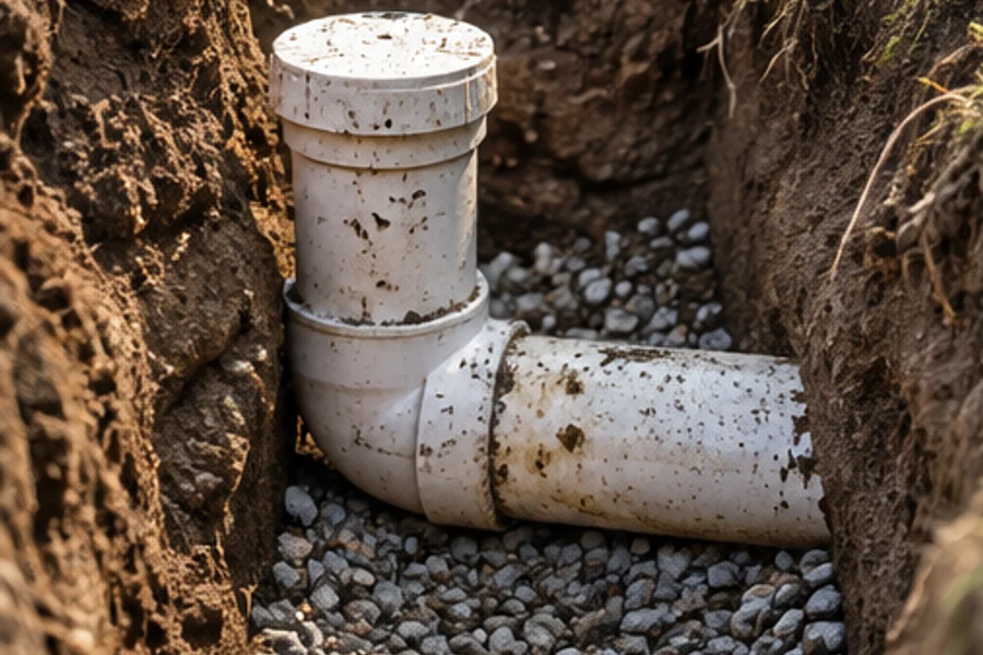 A capped white pipe and elbow sit on gravel in a soil trench.