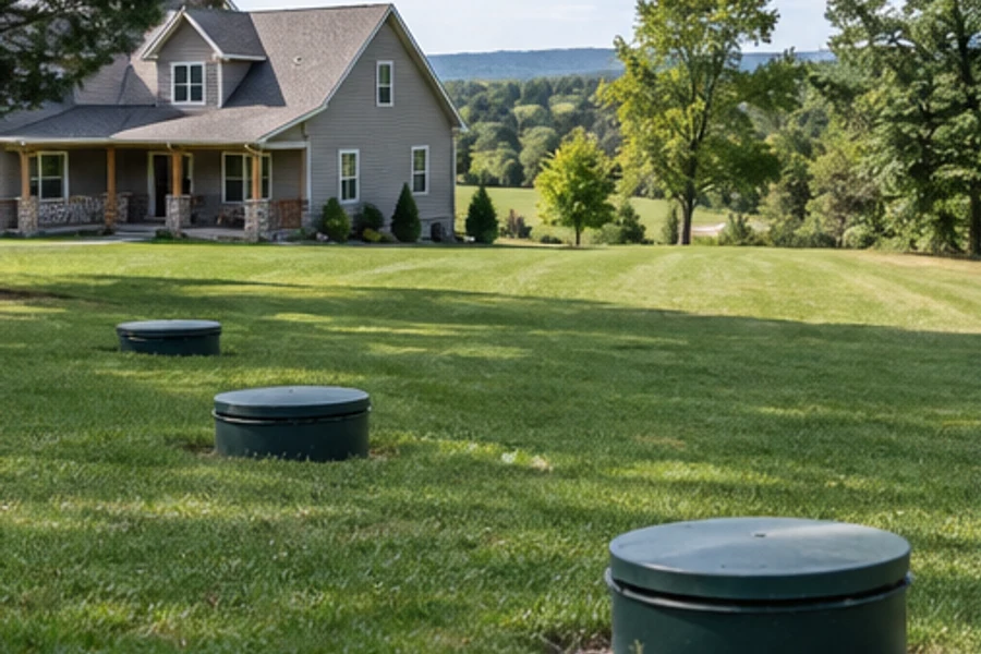 Three round green access covers stand in a mowed lawn in front of a house.
