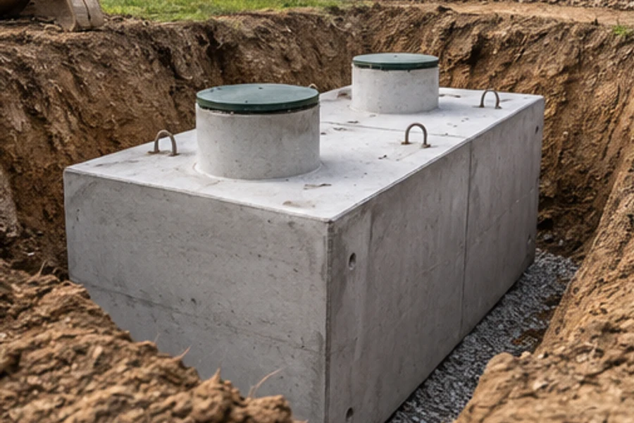 A rectangular concrete septic tank with two green access lids sits in an excavated pit.