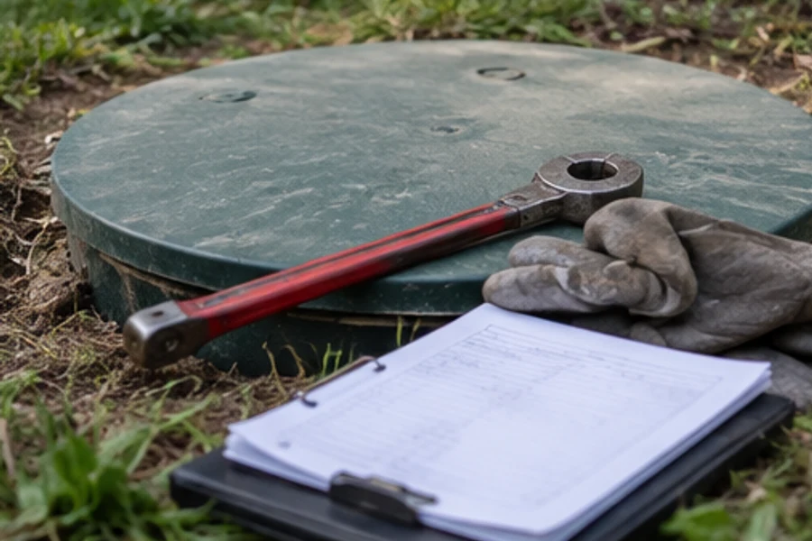 A wrench, work gloves and a clipboard rest beside a round green access cover outdoors.