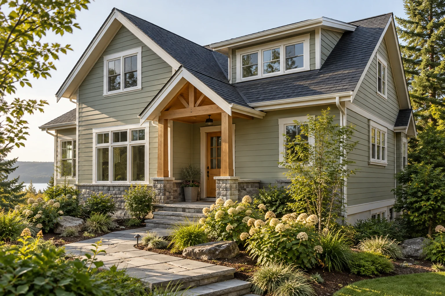 A house with green siding, a shingled roof and timber porch stands behind a stone path and planted garden.