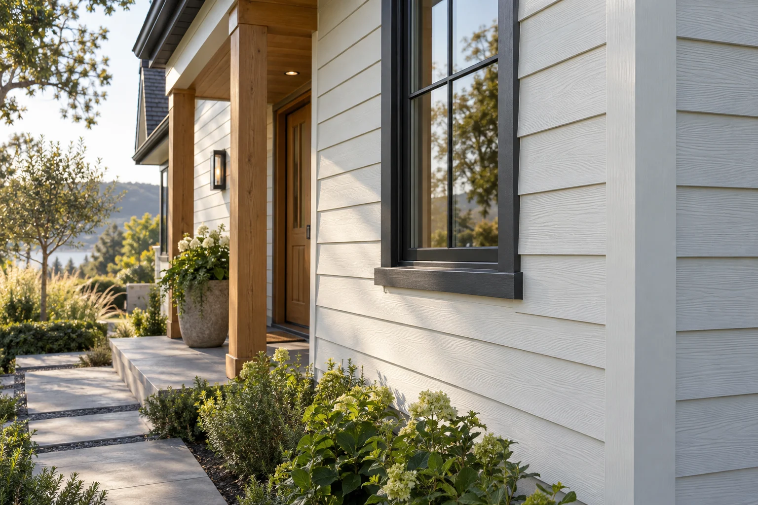 White horizontal siding surrounds a dark-framed window beside a wooden porch and planted walkway.