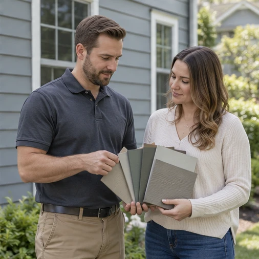 A worker and customer examine siding samples outside a house.