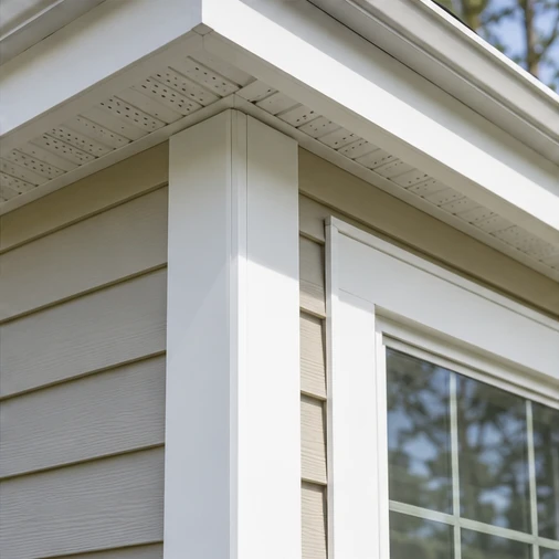 Light-colored horizontal siding meets white corner trim beneath a vented soffit beside a window.