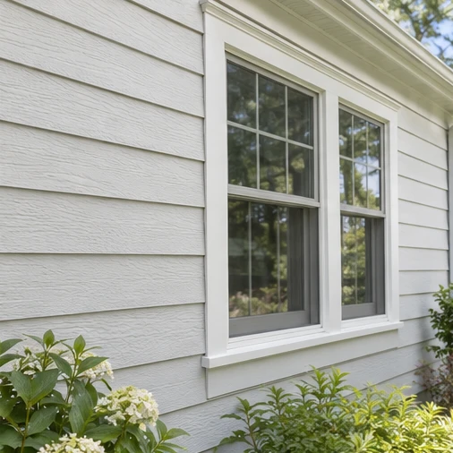 Two white-trimmed windows sit in horizontal white house siding above flowering shrubs.