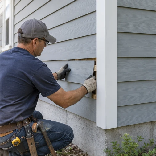 A kneeling worker fits a gray siding panel onto a house beside white corner trim.
