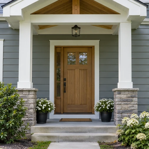 A wooden front door sits beneath a covered porch with white posts, stone bases, and concrete steps.