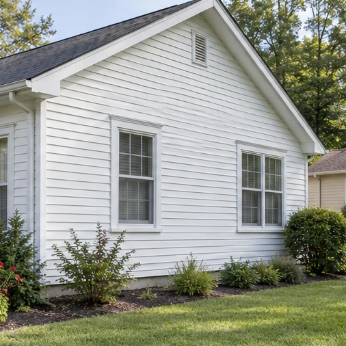 White horizontal siding covers a house wall with two windows above a lawn and planting bed.