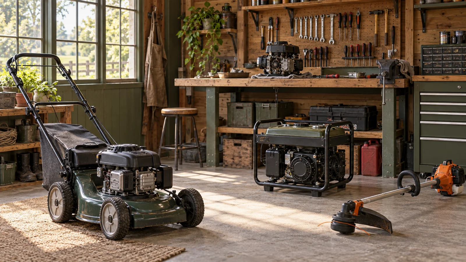Mower and outdoor power equipment in a tidy daylight small-engine workshop