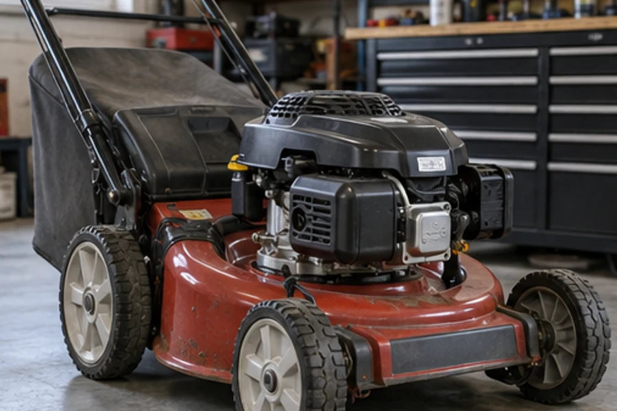 A red push lawn mower sits on a workshop floor in front of tool cabinets.