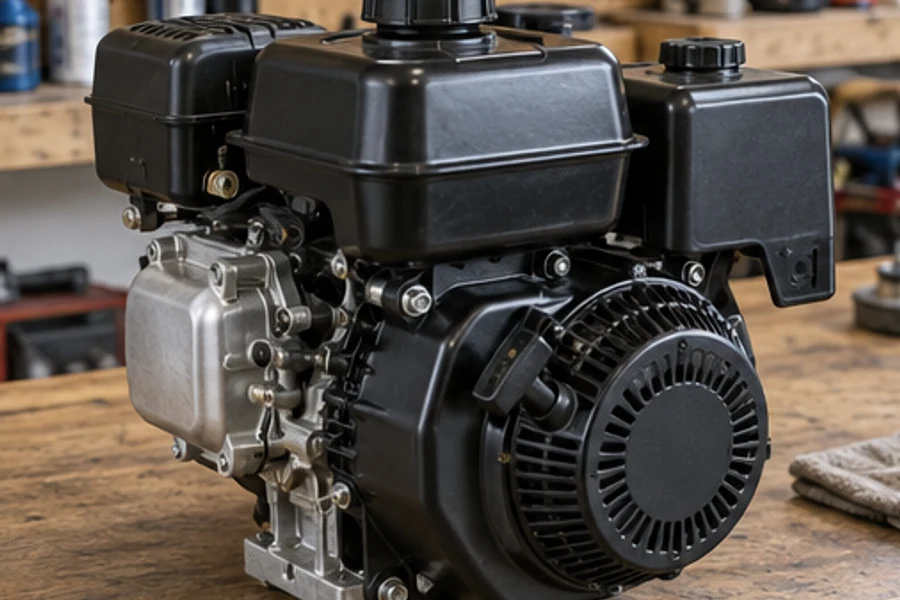 A black and silver small engine sits on a wooden workshop bench.