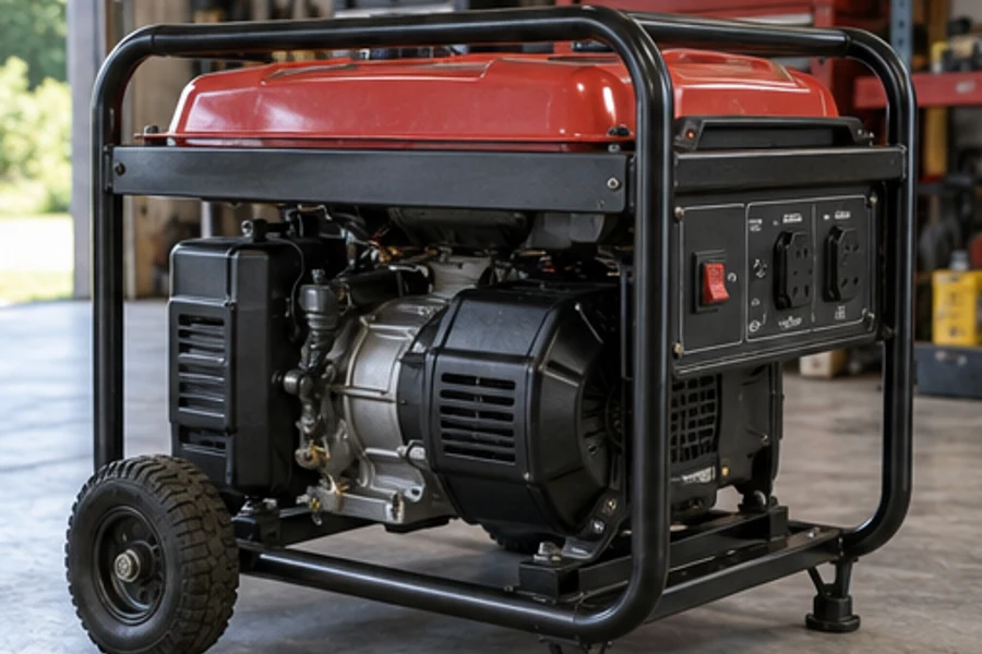 A red and black portable generator with wheels and electrical outlets sits on a workshop floor.