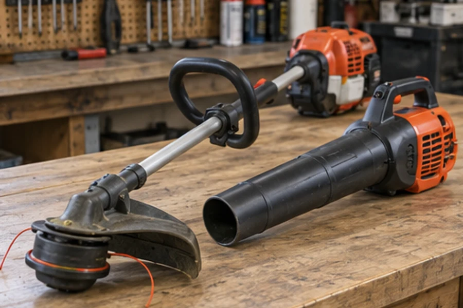 A string trimmer and a leaf blower rest on a wooden workbench in a workshop.