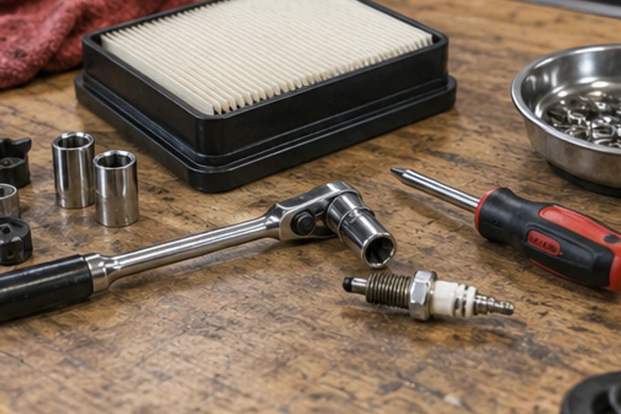 An air filter, spark plug, ratchet, sockets and screwdriver lie on a wooden workbench.