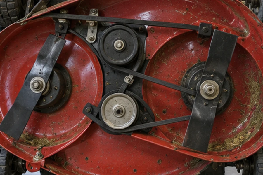 Blades, belts and pulleys are visible on a red mower deck.